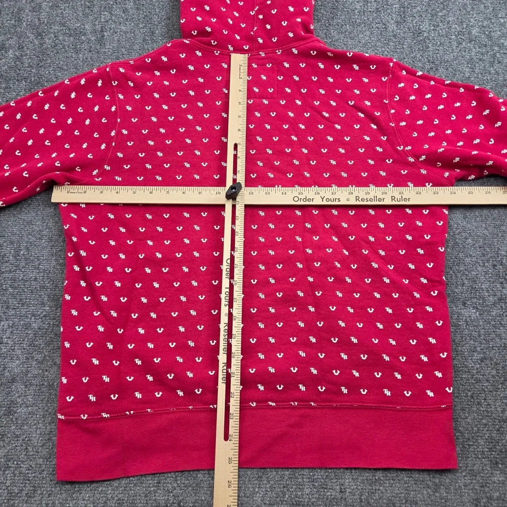 True Religion Hoodie Mens Large Red All Over Print Logo Pullover Streetwear